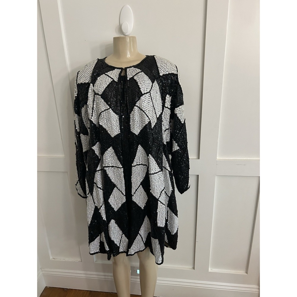 VTG JUDITH ANN Bead Sequin Silk Jacket Kimono 80s Opera Coat Duster Blk White OS